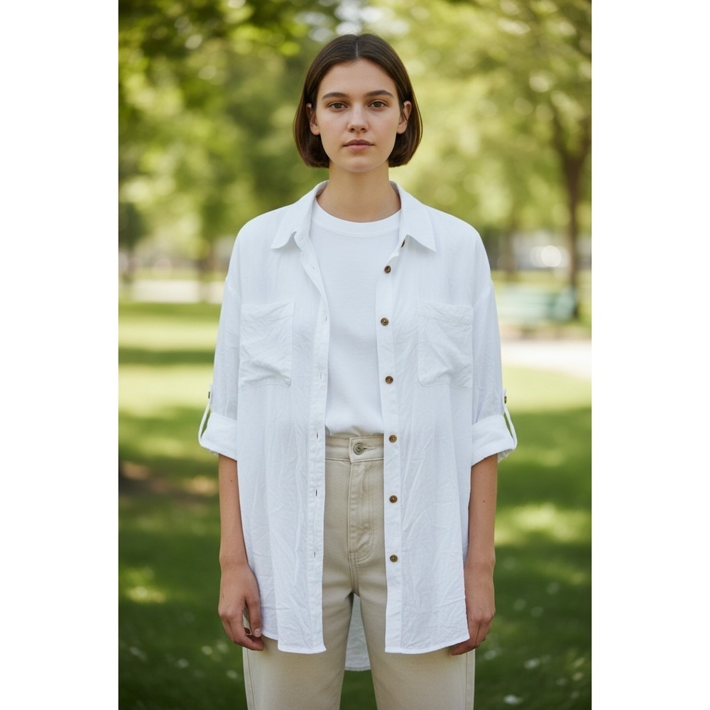 Wearables White 100% Cotton Roll Tab Sleeve Button Up Shirt Oversized Large